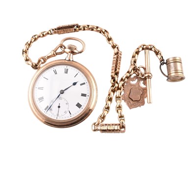 Lot 31 - HALLMARKED GOLD POCKET WATCH WITH WATCH CHAIN & T-BAR & MEDALLION
