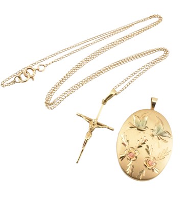 Lot 309 - 9CT GOLD CRUCIFIX PENDANT NECKLACE & 14CT GOLD FILLED LOCKET