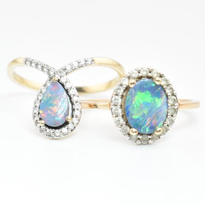Lot 62 - TWO HALLMARKED 9CT GOLD OPAL DOUBLET RINGS