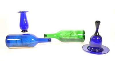 Lot 55 - 20TH CENTURY BRISTOL BLUE GLASS PIECES, SHIP IN A BOTTLE AND OTHERS
