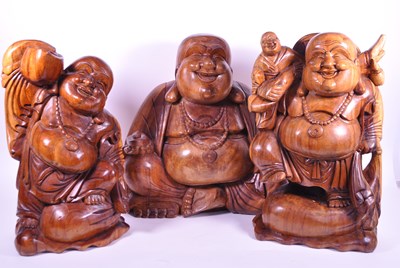 Lot 260 - THREE LATE 20TH CENTURY CARVED HARDWOOD CHINESE BUDDHA FIGURES