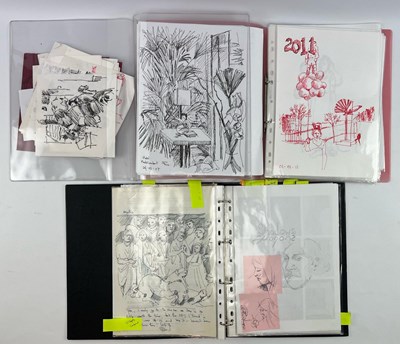 Lot 122 - ROBIN SYMES (1939-2023) - THREE FOLDERS OF SKETCHES ON NAPKINS & MORE