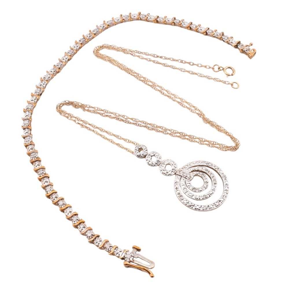 Lot 81 - HALLMARKED 9CT GOLD & DIAMOND LINE BRACELET & 9CT GOLD & DIAMOND PENDANT NECKLACE