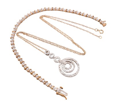 Lot 81 - HALLMARKED 9CT GOLD & DIAMOND LINE BRACELET & 9CT GOLD & DIAMOND PENDANT NECKLACE