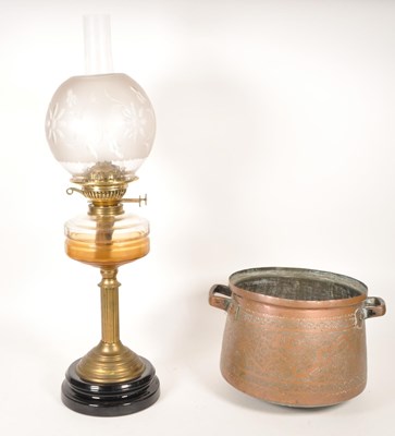 Lot 307 - 19TH CENTURY MIDDLE EASTERN COOKING POT W/ VICTORIAN OIL LAMP