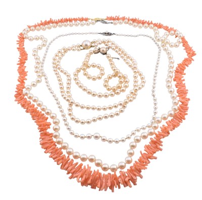 Lot 437 - COLLECTION OF PEARL NECKLACES & CORAL NECKLACE