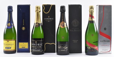 Lot 156 - FOUR BOXED BOTTLES OF CHAMPAGNE BRUT INCL. MUMM, POL ROGER & MONOPOLE