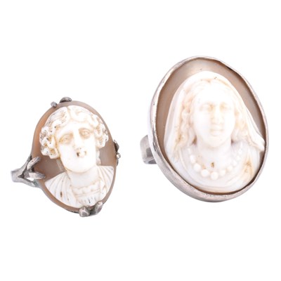 Lot 348 - TWO WHITE METAL CARVED SHELL CAMEO RINGS