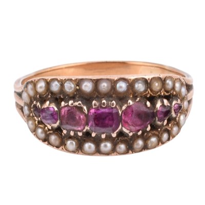 Lot 62 - 19TH CENTURY RUBY & SPINEL & PEARL CLUSTER RING