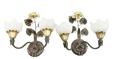 Lot 456 - PAIR OF ITALIAN ART NOUVEAU STYLE METAL & FROSTED GLASS WALL SCONCES