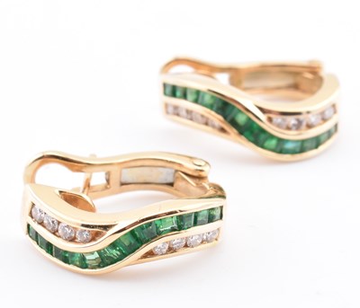 Lot 405 - 14CT GOLD EMERALD & DIAMOND HALF HOOP EARRINGS