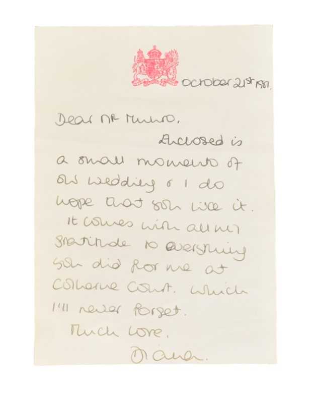 Lot 6 - DIANA, PRINCESS OF WALES - HANDWRITTEN LETTER TO JOHN MUNRO