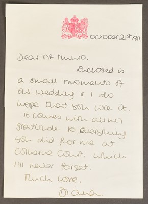 Lot 6 - DIANA, PRINCESS OF WALES - HANDWRITTEN LETTER TO JOHN MUNRO