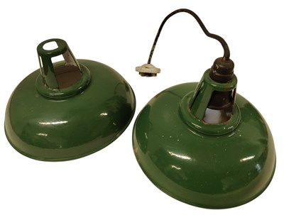 Lot 34 - TWO VINTAGE FACTORY / ENGINEERING ENAMEL PENDANT LIGHTS