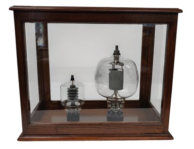 Lot 85 - TWO RADIO TRANSMITTER THERMIONIC VALVES IN GLASS DISPLAY BOX
