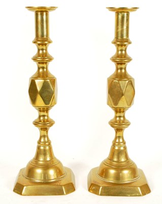 Lot 339 - LATE 19TH CENTURY VICTORIAN BEEHIVE BRASS CANDLESTICK HOLDERS