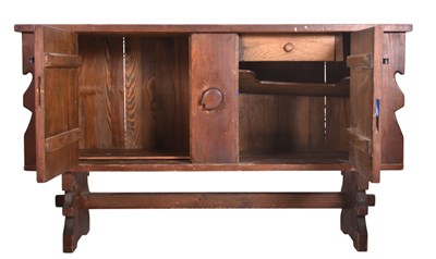 Lot 362 - BRUTALIST 1950S MID CENTURY OAK SIDEBOARD IN THE STYLE OF CHARLES FLANDERS
