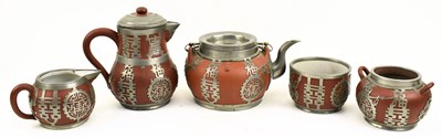 Lot 216 - CHINESE PEWTER MOUNTED ZISHA 5-PC TEA SET 民国出口套铝紫砂茶具