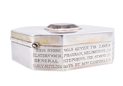 Lot 19 - HALLMARKED SILVER & SMOKY QUARTZ HISTORICAL AUSTRALIAN INTEREST BOX
