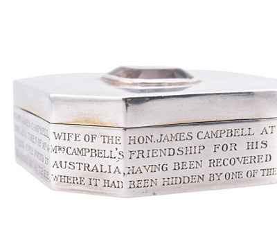 Lot 19 - HALLMARKED SILVER & SMOKY QUARTZ HISTORICAL AUSTRALIAN INTEREST BOX