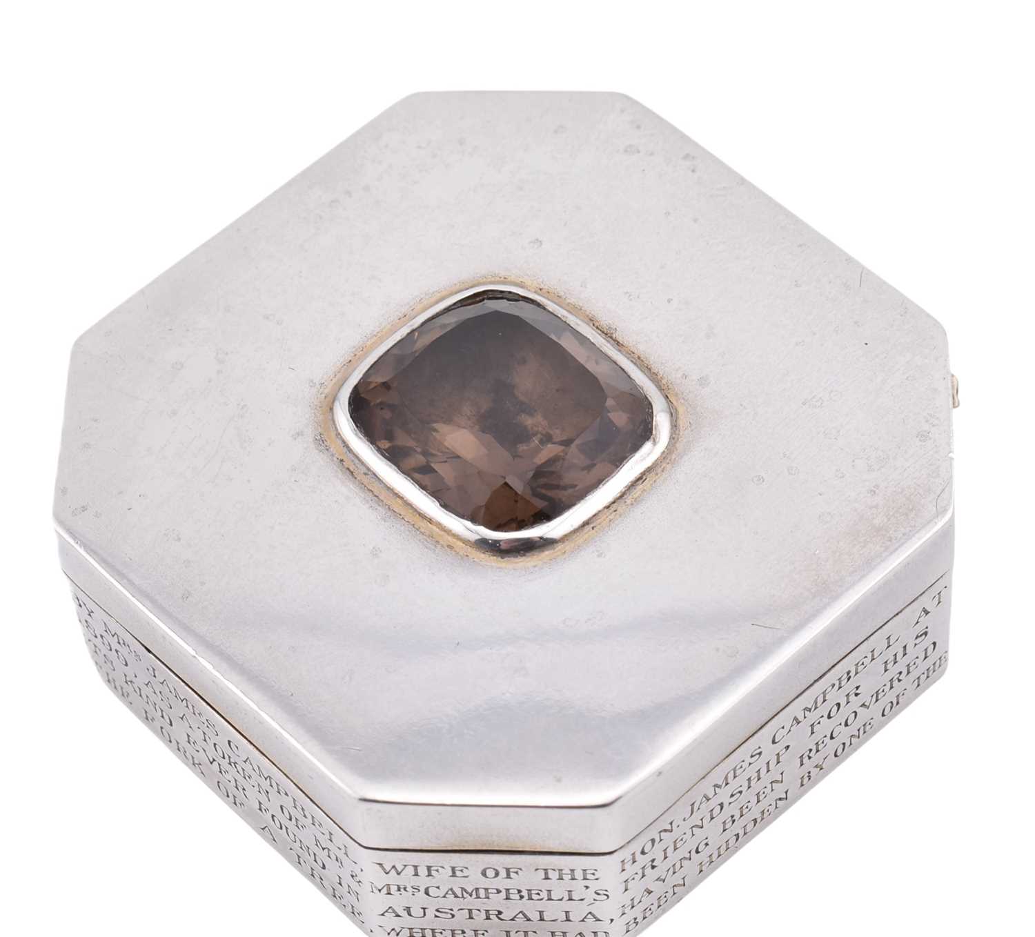 Lot 19 - HALLMARKED SILVER & SMOKY QUARTZ HISTORICAL AUSTRALIAN INTEREST BOX