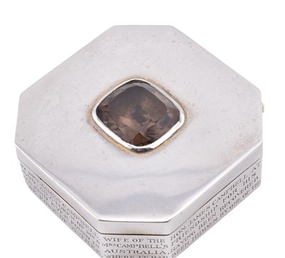 Lot 19 - HALLMARKED SILVER & SMOKY QUARTZ HISTORICAL AUSTRALIAN INTEREST BOX