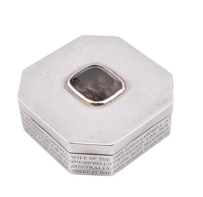 Lot 19 - HALLMARKED SILVER & SMOKY QUARTZ HISTORICAL AUSTRALIAN INTEREST BOX