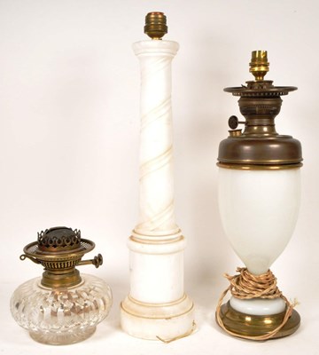 Lot 355 - EARLY 20TH CENTURY VINTAGE ONYX LAMP BASE AND TWO OIL LAMPS