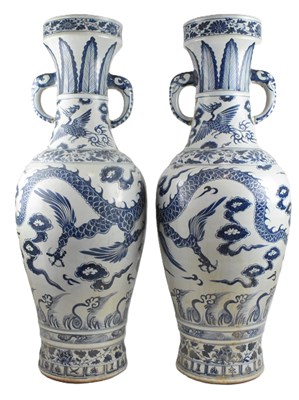 Lot 89 - PAIR OF EXTRA LARGE BLUE AND WHITE VASES 青花龙纹双耳瓶一对