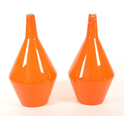 Lot 580 - BRITISH MODERN DESIGN - PAIR OF ORANGE GLASS SKITTLE CEILING SHADES