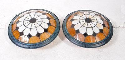 Lot 666 - PAIR OF LEADED TIFFANY STYLE RESIN GLASS CEILING PENDENT LIGHTS