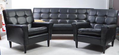 Lot 563 - MID CENTURY CIRCA 1970S BLACK LEATHERETTE SOFA W/ PAIR OF ARMCHAIRS
