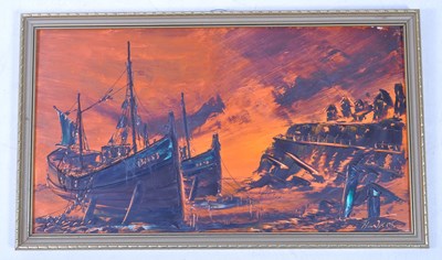 Lot 579 - BILL HAWKES - MIXED MEDIA & OIL ON BOARD PAINTING