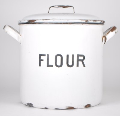 Lot 400 - VINTAGE MID CENTURY WHITE ENAMELLED FLOUR POT