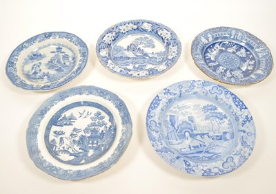 Lot 482 - FIVE 19TH CENTURY BLUE AND WHITE POTTERY STONEWARE BOWLS