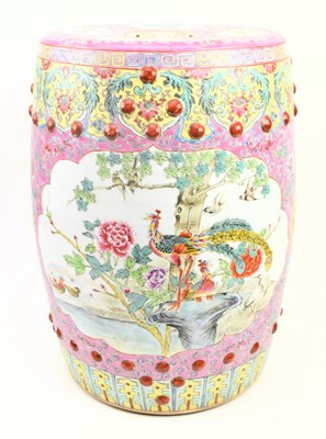 Lot 104 - LATE QING FAMILLE ROSE PORCELAIN DRUM STOOL 清末民初粉彩花鸟鼓凳