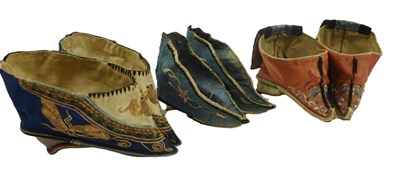 Lot 180 - THREE PAIRS OF QING DYNASTY EMBROIDERED SILK LOTUS SHOES 清 三寸金莲三双