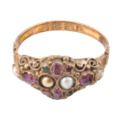 Lot 99 - VICTORIAN HALLMARKED 18CT GOLD RUBY EMERALD & PEARL RING