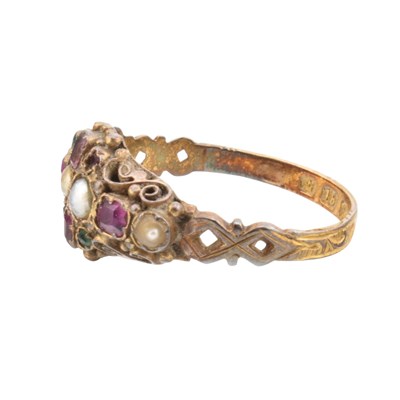Lot 99 - VICTORIAN HALLMARKED 18CT GOLD RUBY EMERALD & PEARL RING