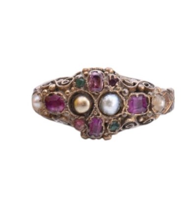 Lot 99 - VICTORIAN HALLMARKED 18CT GOLD RUBY EMERALD & PEARL RING