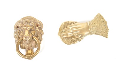 Lot 213 - 20TH CENTURY BRASS LION DOOR KNOCKER AND HAND LETTER HOLDER
