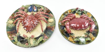 Lot 28 - TWO PORTUGUESE PALISSY WARE HAND PAINTED CERAMIC CRAB CHARGERS