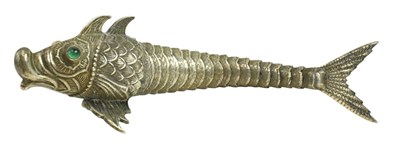 Lot 88 - A 20TH CENTURY SPANISH SILVER ARTICULATED FISH WITH EMERALD GLASS EYES