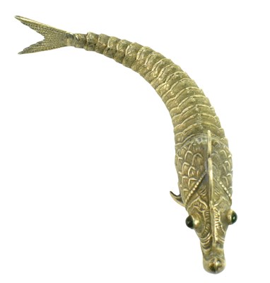 Lot 88 - A 20TH CENTURY SPANISH SILVER ARTICULATED FISH WITH EMERALD GLASS EYES