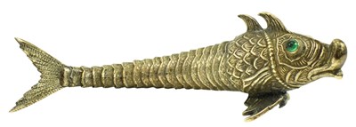 Lot 88 - A 20TH CENTURY SPANISH SILVER ARTICULATED FISH WITH EMERALD GLASS EYES