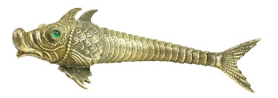 Lot 88 - A 20TH CENTURY SPANISH SILVER ARTICULATED FISH WITH EMERALD GLASS EYES