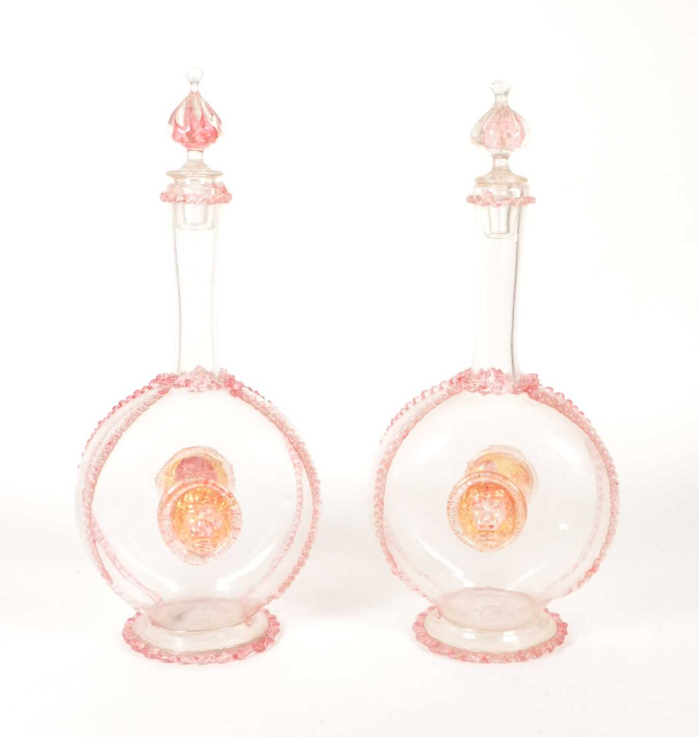 Lot 39 - PAIR OF LATE 19TH CENTURY ITALIAN MURIAN GLASS DECANTERS