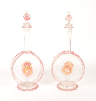 Lot 39 - PAIR OF LATE 19TH CENTURY ITALIAN MURIAN GLASS DECANTERS