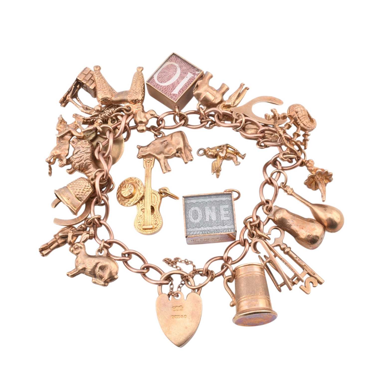 Lot 70 - HALLMARKED 9CT GOLD CHARM BRACELET & FOUR LOOSE CHARMS