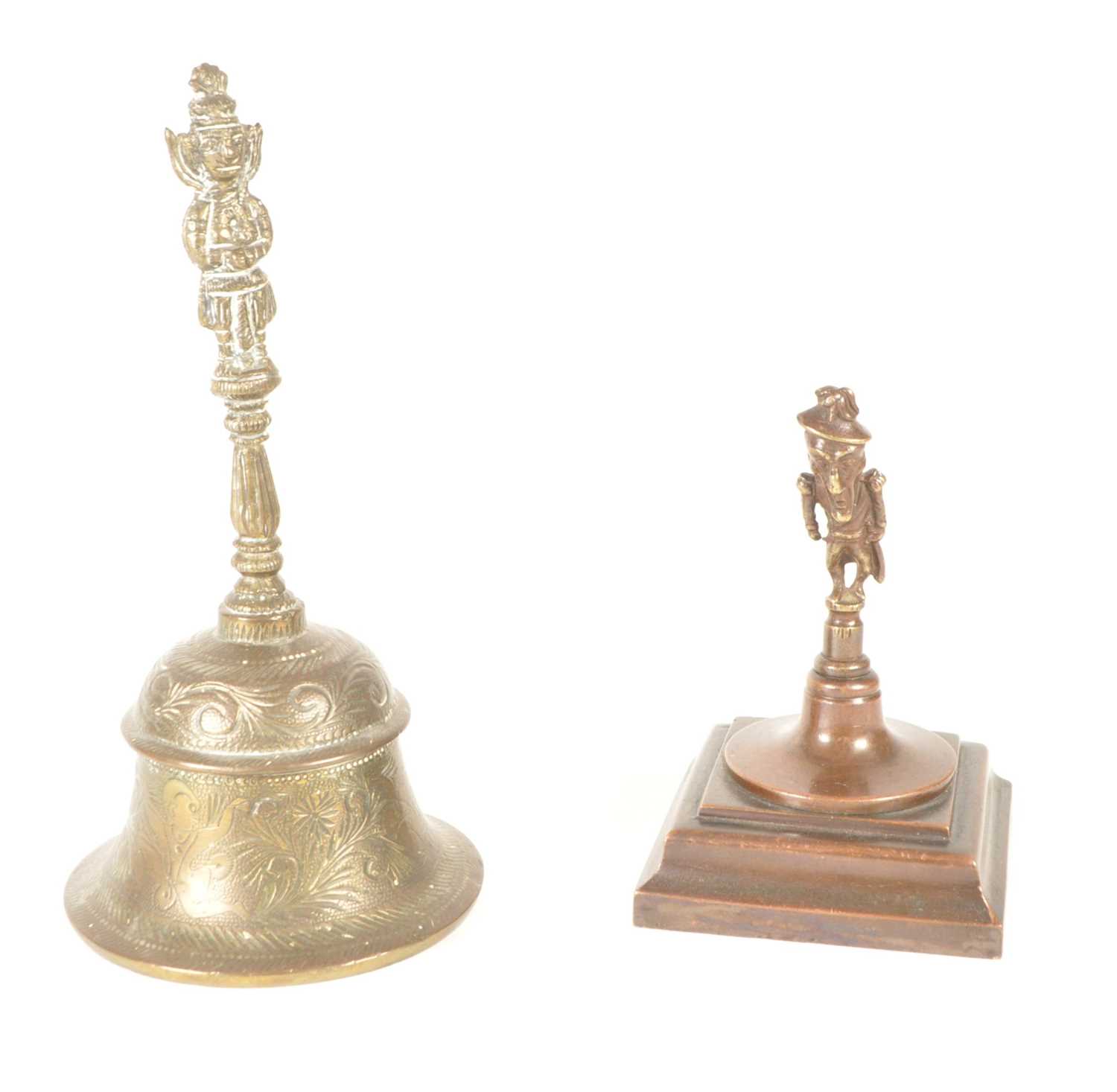 Lot 240 - BRASS 19TH CENTURY TOBACCO STOPPER WITH TIBETAN BRASS RITUAL BELL